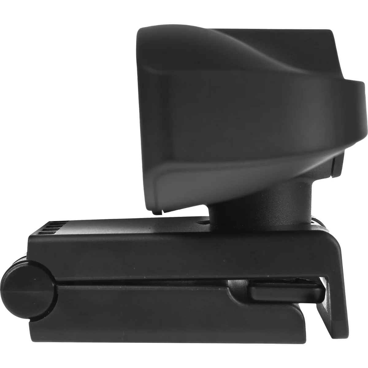 Schwarze Webcam, Detailaufnahme. Halterung mit Kugelgelenk und Klemme.